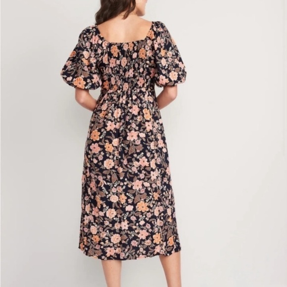 Old Navy dress size S floral puffy sleeves navy orange smoked back tie front - Picture 2 of 8